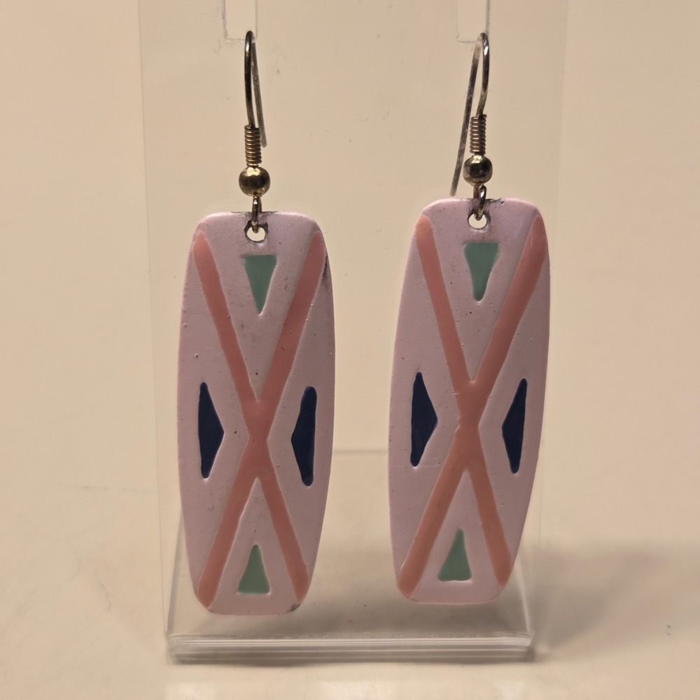 Vintage Retro Pink Rectangular Geometric Southwest Blue Accent Dangle Earrings